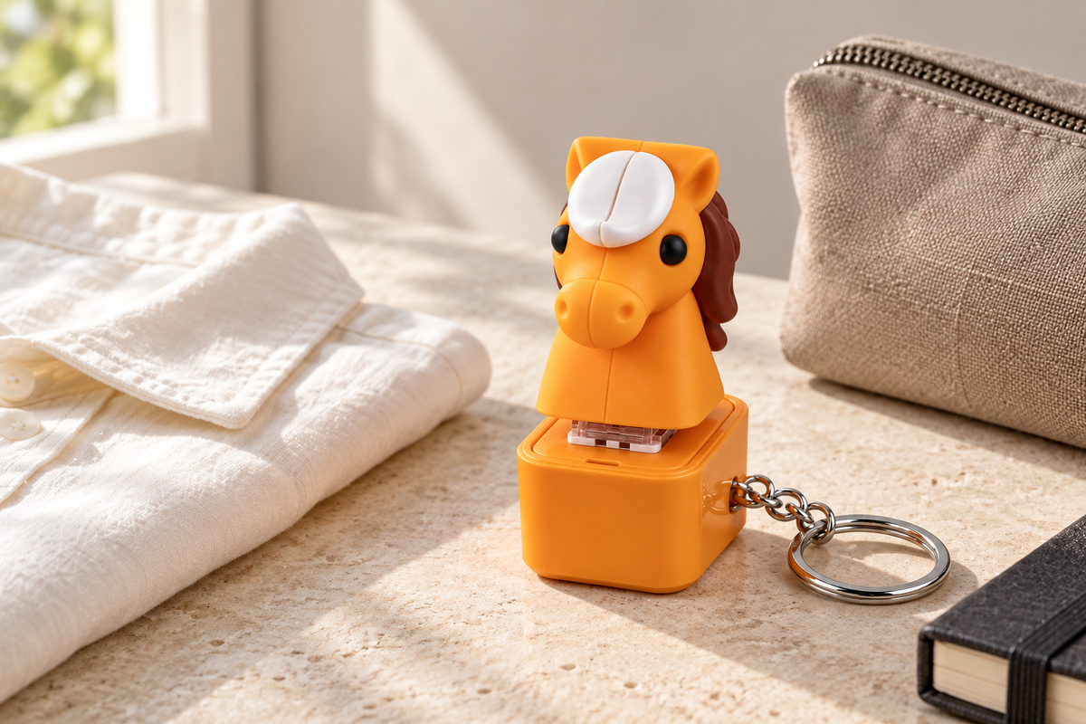 Orange horse keychain styled with an ivory shirt and taupe pouch