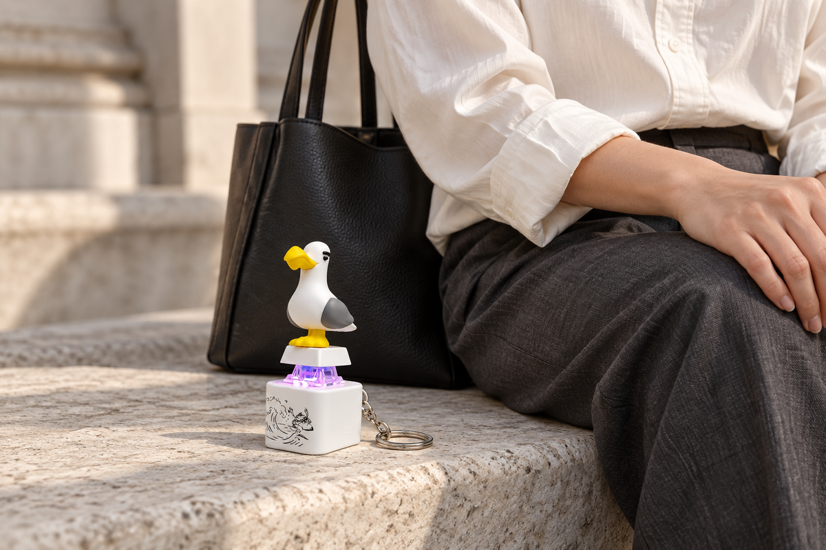 Seagull keychain beside a black tote in a natural city setting